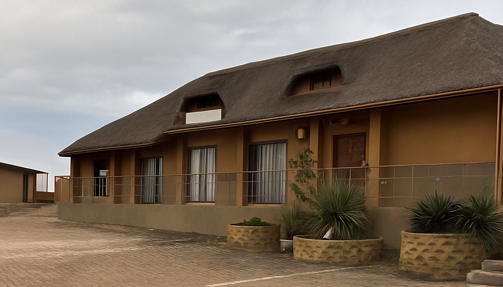Front view of Fuleng Guest House with traditional thatched roof